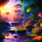 Colorful digital artwork of mystical jungle with neon colors, waterfalls, exotic flora, serene pond.