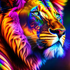 Colorful Lion Digital Art with Neon Rainbow Mane on Dark Background