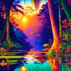 Colorful tropical forest sunset with mist, river, and lush vegetation