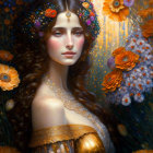 Ethereal woman with ornate jewelry and floral headdress among vibrant flowers