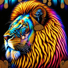 Colorful Lion Artwork with Neon Colors and Tribal Motifs