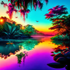 Colorful sunset reflected in calm waters with lush foliage, flowers, stones, and flying birds.