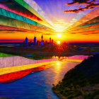 City skyline digital artwork: geometric fragmentation effect, sunset reflections.