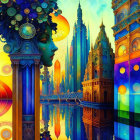 Colorful cityscape with silhouette, ornate towers, and surreal reflections.