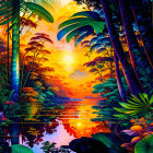 Lush Jungle with Reflective River at Sunset