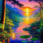 Colorful Jungle Sunset Painting with Water Reflections