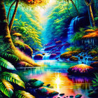 Lush Tropical Forest with Waterfall and Serene River