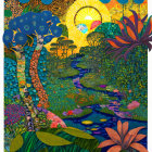 Fantastical garden illustration with river and sun