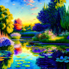 Colorful garden with water lilies, flowers, and greenery under a sunset sky