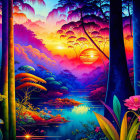 Colorful digital artwork: Jungle river at sunset with neon colors