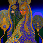 Serene figure with gold and blue patterns on a dark celestial background