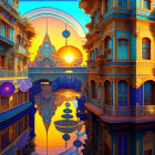 Vibrant cityscape with ornate buildings under colorful sunset sky