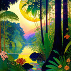 Colorful tropical forest sunset scene with lush foliage and river.