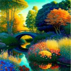 Colorful Landscape Painting of Lush Garden with Flowers and Bridge