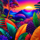 Colorful tropical landscape with vivid sunset and lush foliage