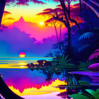 Colorful Tropical Sunset Artwork with Silhouetted Trees and Reflection