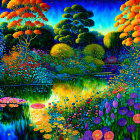 Colorful Trees, Pond with Lilies, Flowers in Twilight Scene