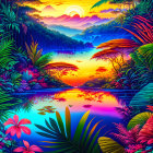 Vibrant tropical sunset landscape with lush foliage and calm river