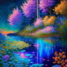 Colorful Digital Art: Whimsical Night Garden with Glowing Flowers