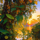 Scenic painting of leafy grove at sunset by tranquil water