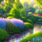 Colorful Flower Garden with Tranquil Pond