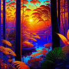 Lush Tropical Forest Under Orange and Blue Sunset Sky