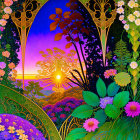 Colorful sunset painting with floral and ornamental motifs in purple sky.