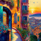 Colorful Mediterranean Coastal Town Sunset Painting with Flowers & Cobblestone Path