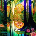 Colorful Digital Art: Fantastical Forest with Floral Patterns & Sun Design