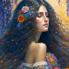 Ethereal woman with wavy hair and vibrant flowers in dreamy setting