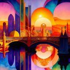 Colorful fantasy landscape with setting sun, intricate bridge, whimsical buildings, and water reflection.