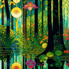 Colorful forest scene with lily pads and lanterns in digital art