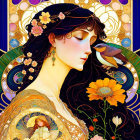 Woman with bird surrounded by Art Nouveau patterns and sunflowers in gold and blue.