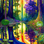 Enchanted forest illustration with colorful flora and sunlight