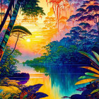 Tropical sunset digital art with lake reflections & lush foliage