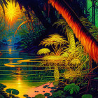 Colorful digital artwork: Tropical jungle sunset over serene river