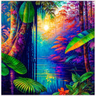 Tranquil forest scene with pink and purple foliage, tall trees, serene river