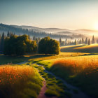 Serene sunrise over lush landscape with winding path through fields, trees, and hills