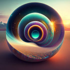 Surreal landscape with swirling glass sphere at sunset