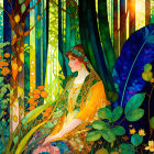 Colorful Forest Woman Illustration with Intricate Patterns