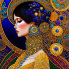 Detailed portrait of a woman with golden jewelry and floral motifs in vibrant blue hues on a dark backdrop