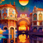 Fantastical palace with ornate architecture at sunset