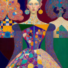 Colorful digital artwork of a pale-skinned woman in decorative attire