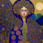 Stylized Art Nouveau portrait of woman with golden patterns and starry night background