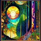 Colorful Stained Glass-Style Sun & Forest Illustration