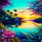 Colorful sunset over water with flowers and foliage in a serene setting.