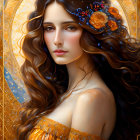 Digital art portrait of woman with long wavy brown hair and floral hairpieces, in golden outfit against