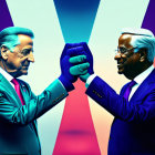 Stylized illustrations of men in suits fist bumping on vibrant split background