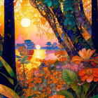 Colorful Stained Glass Forest Sunset Illustration