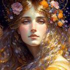 Ethereal digital portrait of a woman with floral and gold patterns